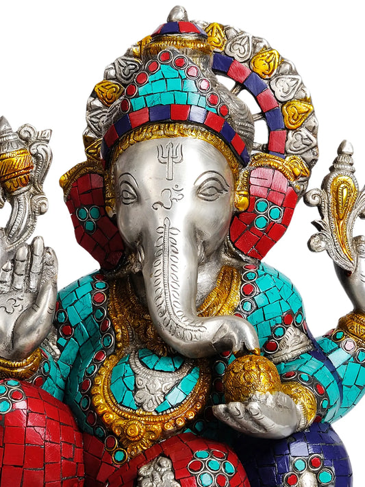 Brassaura™ Lotus Seated Ganesha with Meenakari Inlay | Brass Statue with Inlay | Height 14 Inches & Weight 11.23 kgs
