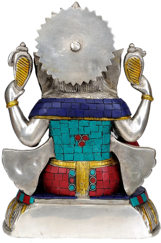 Brassaura® Seated Ganesha with Multicolor Meenakari Inlay | Brass Sculpture | Height 11 Inches & Weight 5.50 kgs