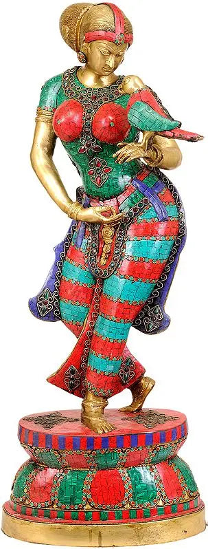 Brassaura™ Lady with Parrot Brass Sculpture – Height 36 inches | Weight 26.89 kgs