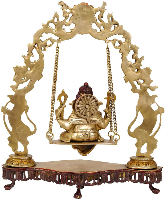 Brassaura™ Jhula Ganesha with Ornate Arch & Twin Horse Pillars | Height 17.9 Inches & Weight 6.75 kgs