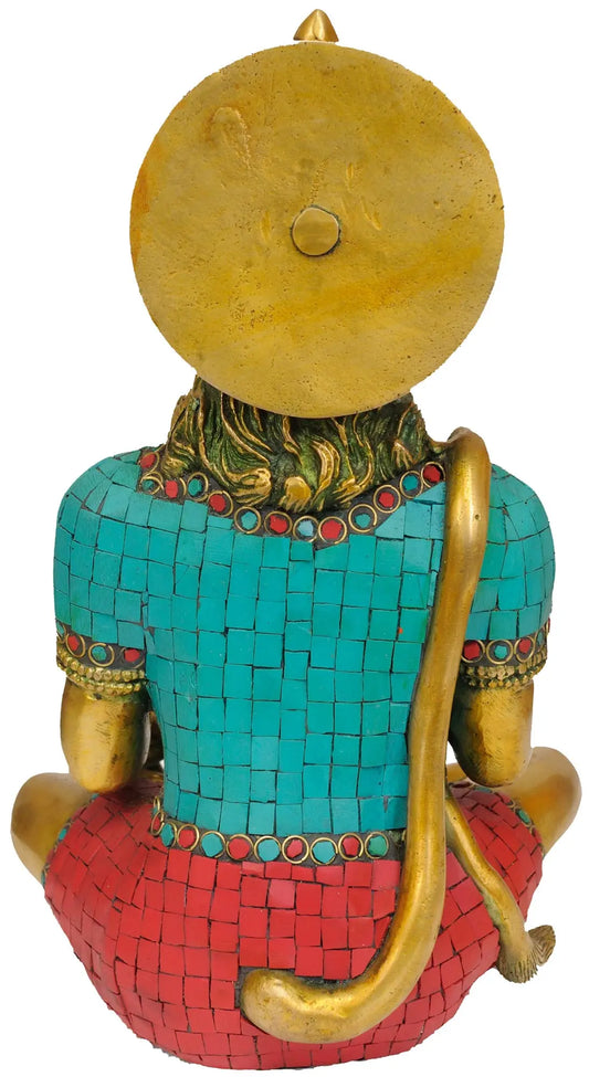 ब्रॉसौरा® बैठे हनुमान जी की मूर्ति, इनले वर्क के साथ | पीतल, स्टोन इनले के साथ | ऊंचाई 11 इंच और वज़न 4.90 किलोग्राम