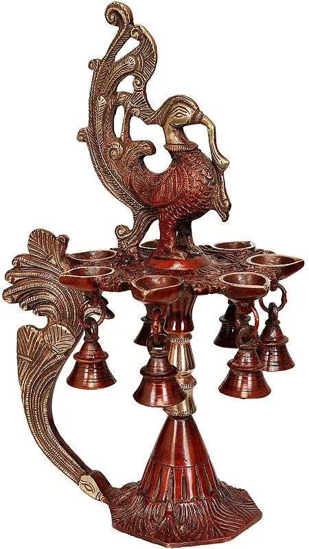 Brassaura™ Seven-Wick Mayur Brass Puja Lamp with Bells – Height 12.60 inches | Weight 2.30 kgs