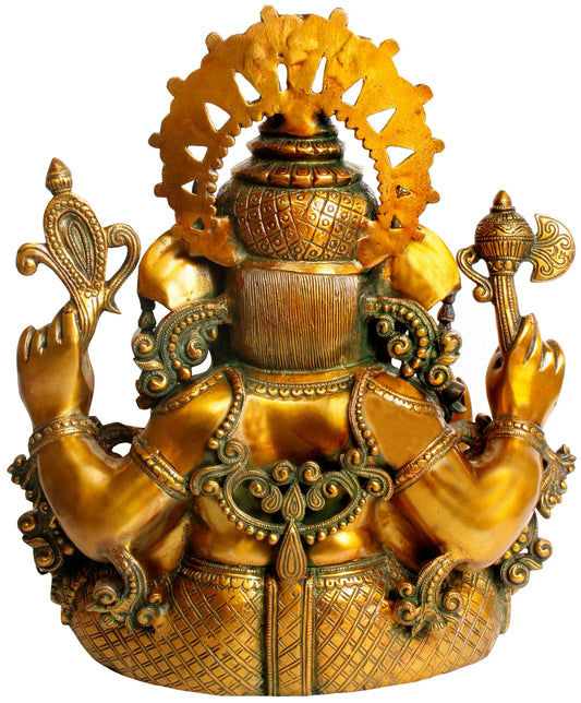 Brassaura® Seated Ganesha with Ornate Halo Detailing | Brass Sculpture | Height 16.5 Inches & Weight 19.40 kgs