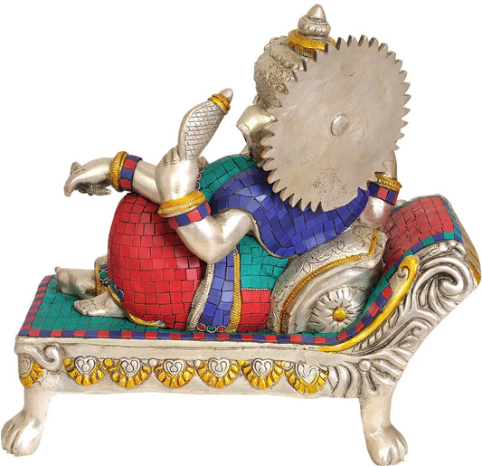 Brassaura™ Reclining Ganesha on Royal Chaise | Brass with Intricate Inlay Work | Height 12.5 Inches & Weight 12.80 kgs