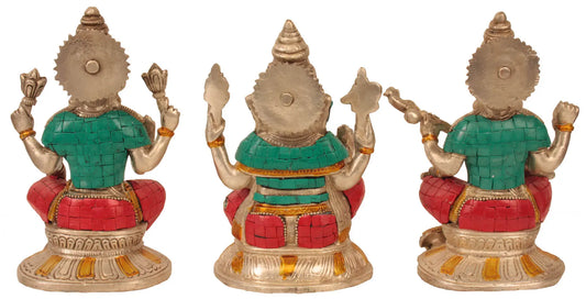 Brassaura™ Brass Laxmi Ganesh Saraswati Idol Set with Inlay Work for Pooja Room | 6.5 Inches Each | 4.50 kgs