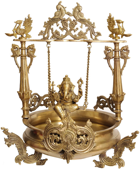 Brassaura® Royal Swing Ganesha Urli | Pure Superfine Brass Handcrafted Murti | Brass Statue for Home Temple, Pooja Room | Height 26.97 Inches | Weight 22.4 Kgs