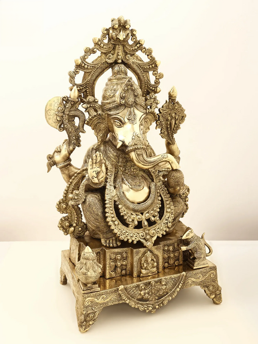 Brassaura™ Majestic Lord Ganesha on Ornate Throne | Height 27.95 Inches & Weight 29.70 kgs