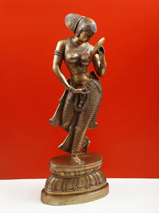 Brassaura® Graceful Lady with Mirror in Nritya Posture | Pure Brass | Height 36 Inches & Weight 23.44 kgs
