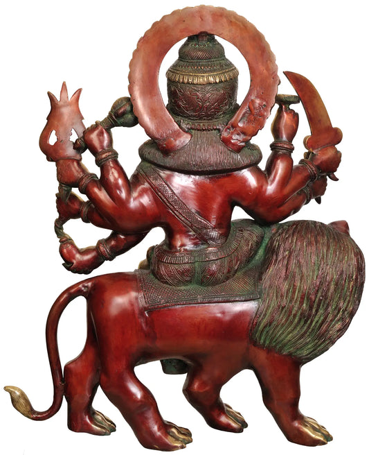 Brassaura® Goddess Durga on Lion | Brass Statue with Antique Red & Gold Finish | Height 24 Inches Weight: 26.37 kgs