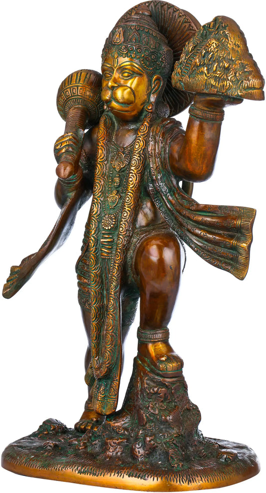 ब्रॉसरा® सिंदूरी हनुमान संजीवनी पर्वत ले जाते हुए | पीतल की मूर्ति | ऊंचाई 15.35 इंच और वज़न 8.90 किलोग्राम