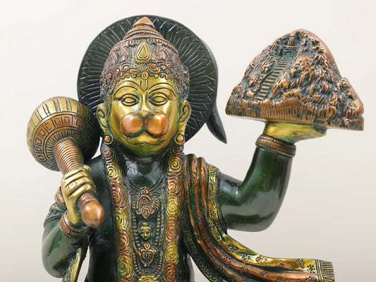 Brassaura® सिंदूरी हनुमान संजीवनी पर्वत ले जाते हुए | पीतल की मूर्ति | ऊंचाई 15.35 इंच और वज़न 8.90 किलोग्राम