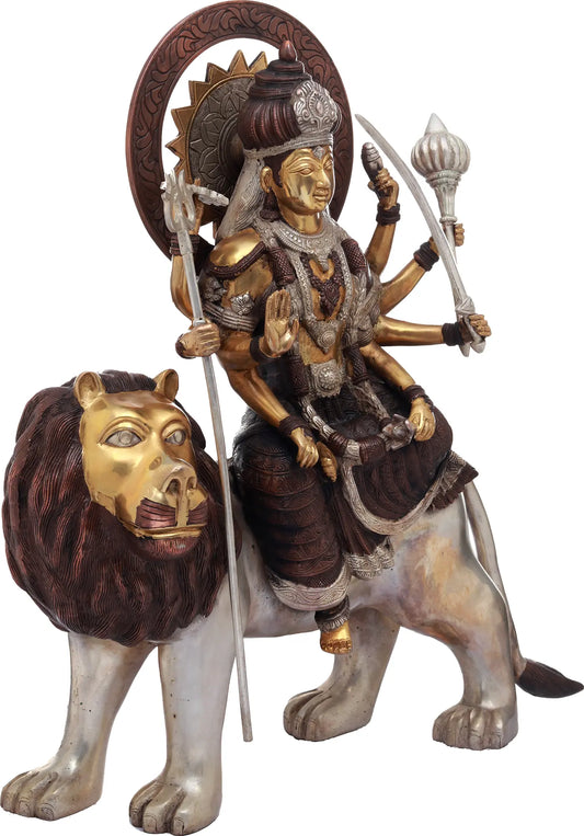 Brassaura® Goddess Durga Seated on Lion Vahan | Handcrafted Brass Sculpture | Height 22 Inches & Weight 18 kgs