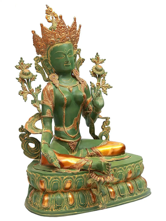 Brassaura® Tara Devi Sentada com Pedestal Ornamentado | Latão Puro com Acabamento Antigo | Altura 86,5 cm e Peso 38,34 kg (Cópia)