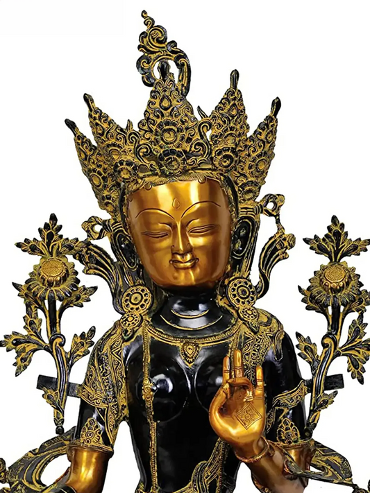 Brassaura® Tara Devi Sentada com Pedestal Ornamental | Latão Puro com Acabamento Antigo | Altura 86,5 cm e Peso 38,34 kg