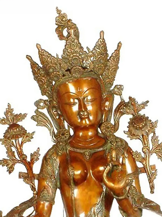 Brassaura® Tara Devi Sentada com Pedestal Ornamental | Latão Puro com Acabamento Antigo | Altura 86,5 cm e Peso 38,34 kg