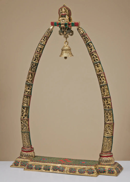 Brassaura® Ornate Brass Prabhavali Arch with Hanging Bell | Intricate Inlay Work | Height 45 Inches & Weight 32 kgs