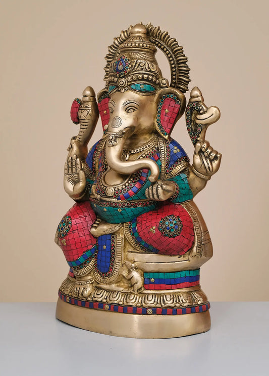 Brassaura® Seated Ganesha with Meenakari Inlay Work | Height 20.08 Inches & Weight 13.82 kgs