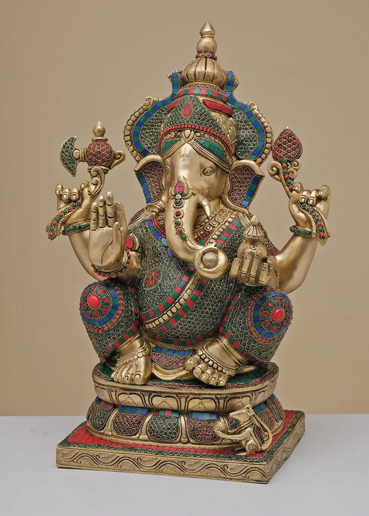 Brassaura® Grand Multicolor Inlay Seated Ganesha | Height 24.02 Inches & Weight 28.51 kgs