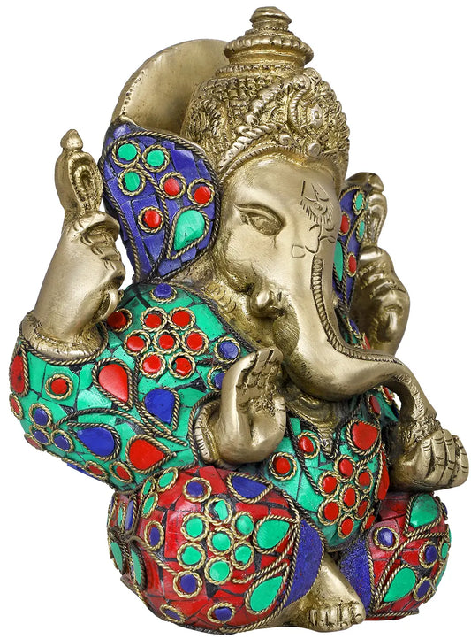 Brassaura® Mini Inlay Work Ganesha Idol | Height 5.71 Inches & Weight 1.70 kgs