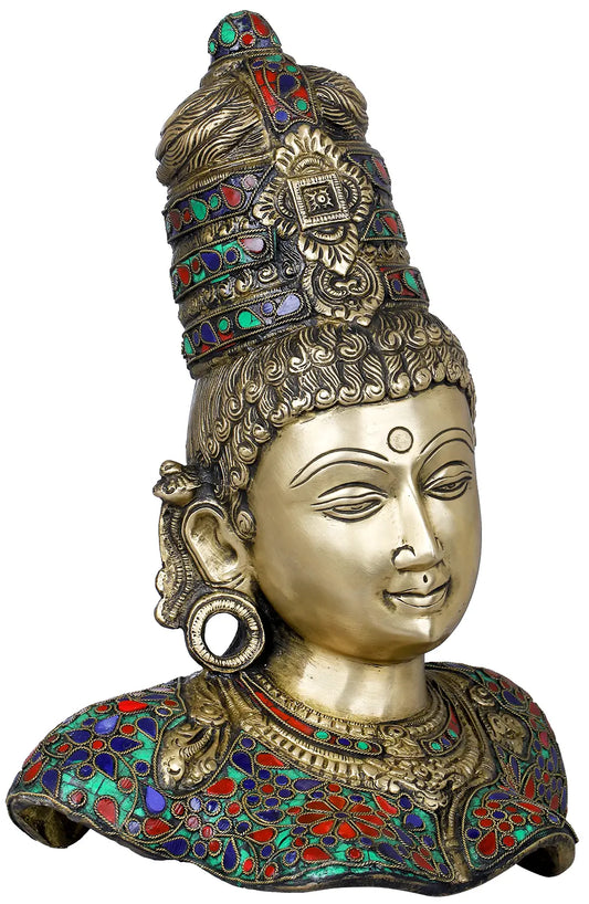 Busto Brassaura® Devi Parvati em Latão com Trabalho em Madrepérola Meenakari | Altura 30,48 cm e Peso 6,30 kg