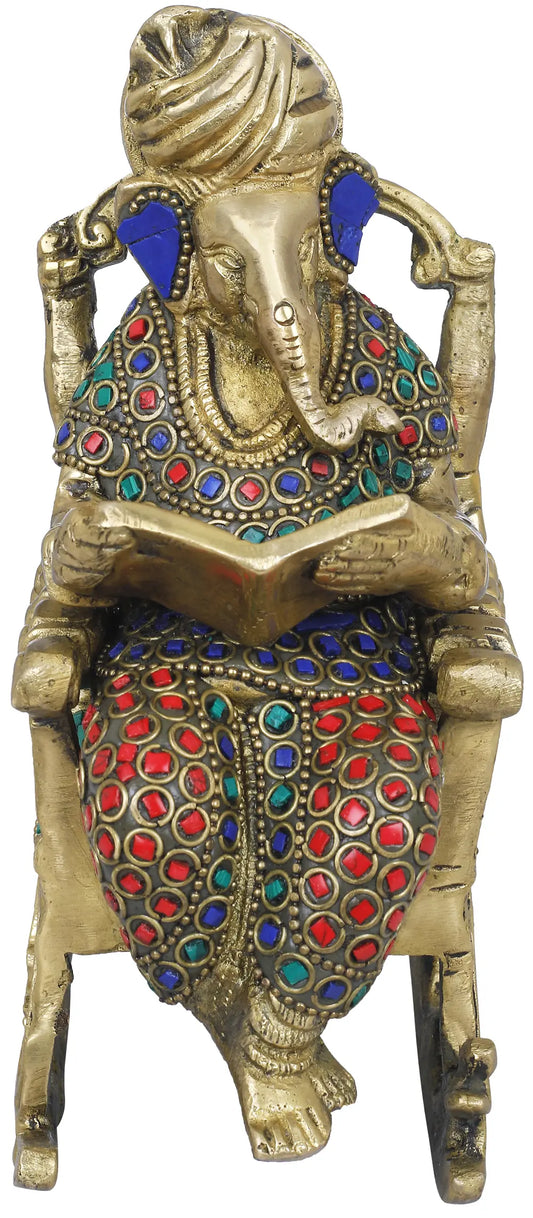 Brassaura® Scholar Ganesha on Rocking Chair with Stone Inlay Work | Height 7.09 Inches & Weight 1.80 kgs