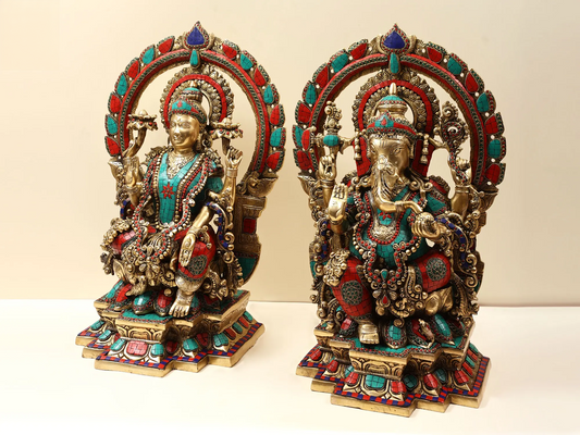 Brassaura® Grand Lakshmi Ganesha Idol Set with Multicolor Inlay Stonework, Carved Prabhavali Arch & Ornate Pedestal | Pure Superfine Brass Handcrafted Murti | Brass Statue for Home Temple, Pooja Room | Height 22 Inches | Weight 44 Kgs