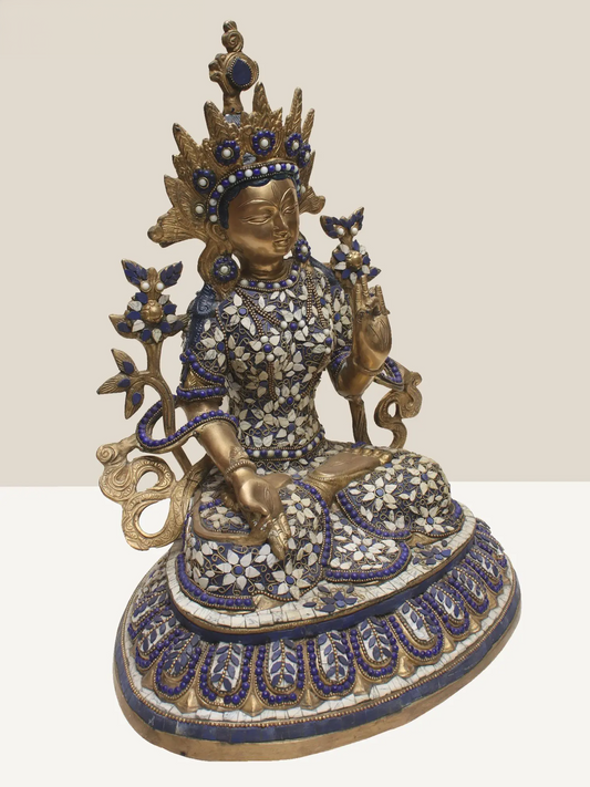 ब्रासॉरा® ब्रास देवी तारा स्टैच्यू, स्टोनवर्क के साथ | ऊंचाई 17.91 इंच और वजन 10.53 किग्रा