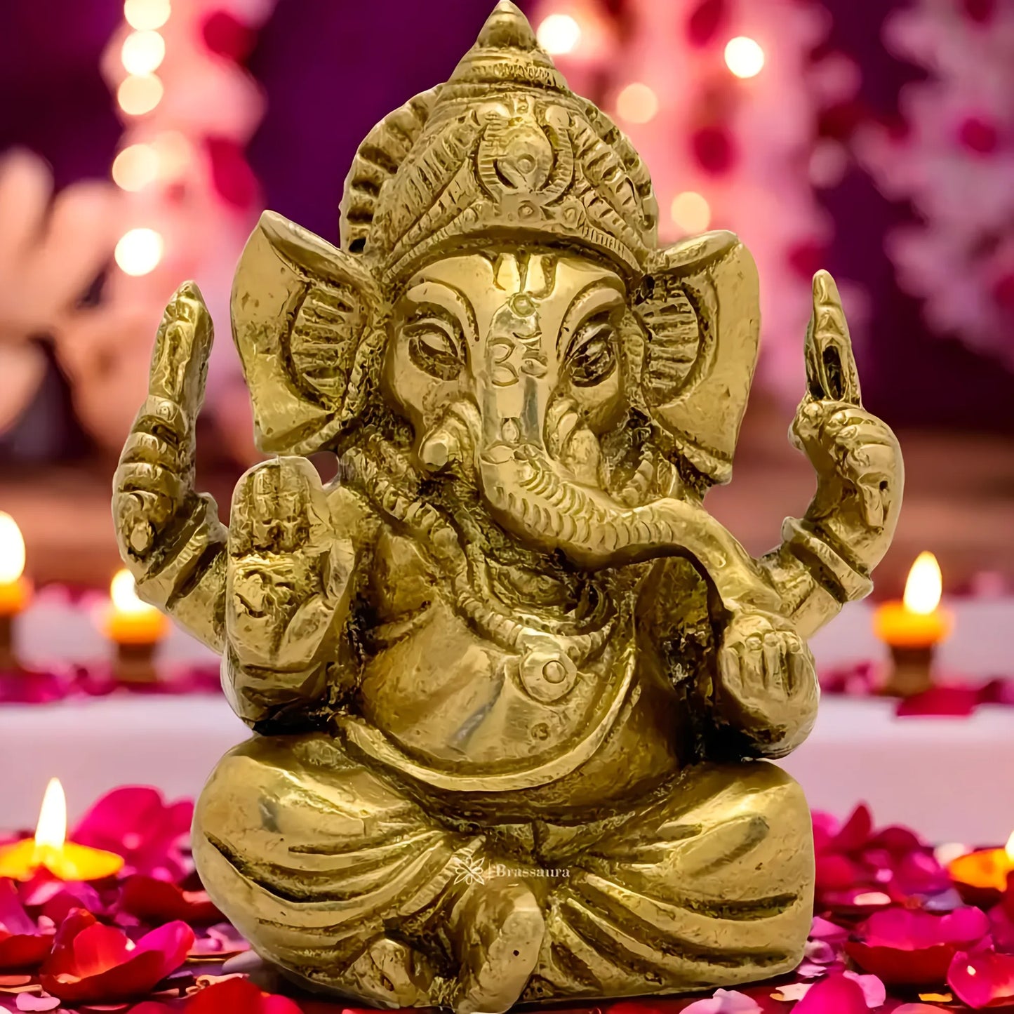 Brassaura™ Brass Golden Ganesha Statue – Height 3.5 inches & Weight 0.65 kgs | Ganpati Murti for Home & Pooja Room