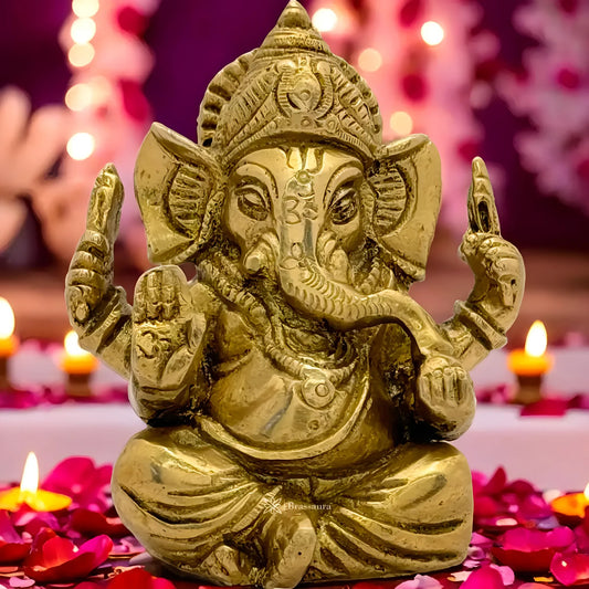 Brassaura™ Brass Golden Ganesha Statue – Height 3.5 inches & Weight 0.65 kgs | Ganpati Murti for Home & Pooja Room