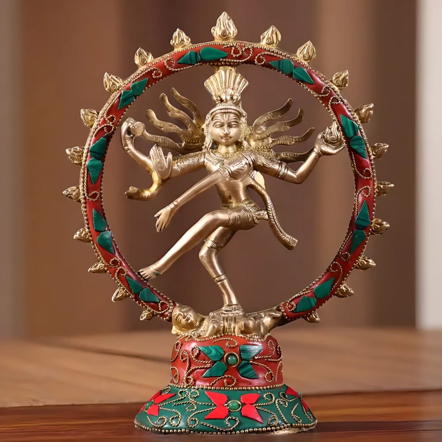 Brassaura™ Superfine Brass Lord Shiva Nataraja Idol with Stonework | Handcrafted Spiritual Décor | Weight 600 g | Height 7.5 Inches