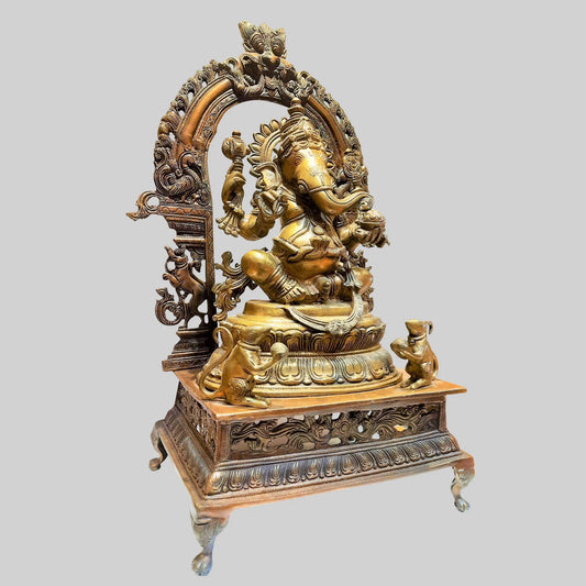 Brassaura® Lord Ganesha on Ornate Pedestal | Antique Two-Tone Brass Sculpture | Height 27 Inches & Weight 26 Kgs