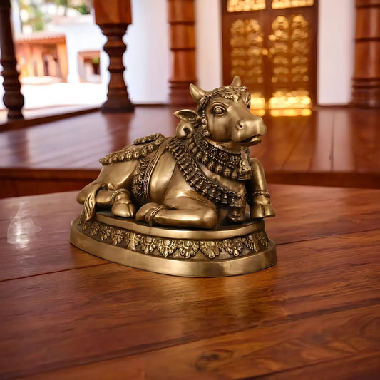 Brassaura™ Superfine Antique Brass Sitting Nandi Statue – Height 16 Inches & Weight 21.21 Kgs | Majestic Temple Idol