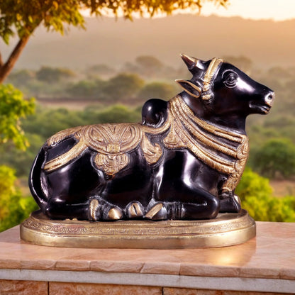 Brassaura™ Pure Brass Nandi Idol with Heat-Treated Black Finish | Handcrafted South Indian Temple Art | Weight 7 Kgs | Height 9.5 Inches