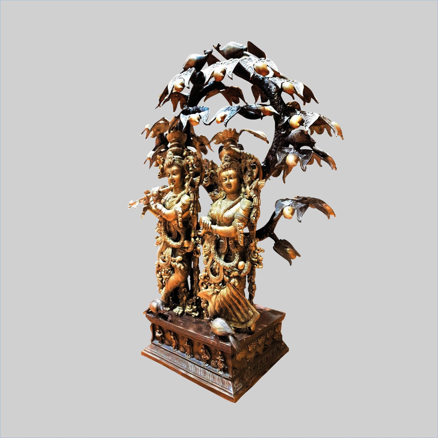 Brassaura® Radha Krishna Beneath Kalpavriksha Tree | Two-Tone Finish Brass Sculpture | Height 36 Inches & Weight 77 Kgs