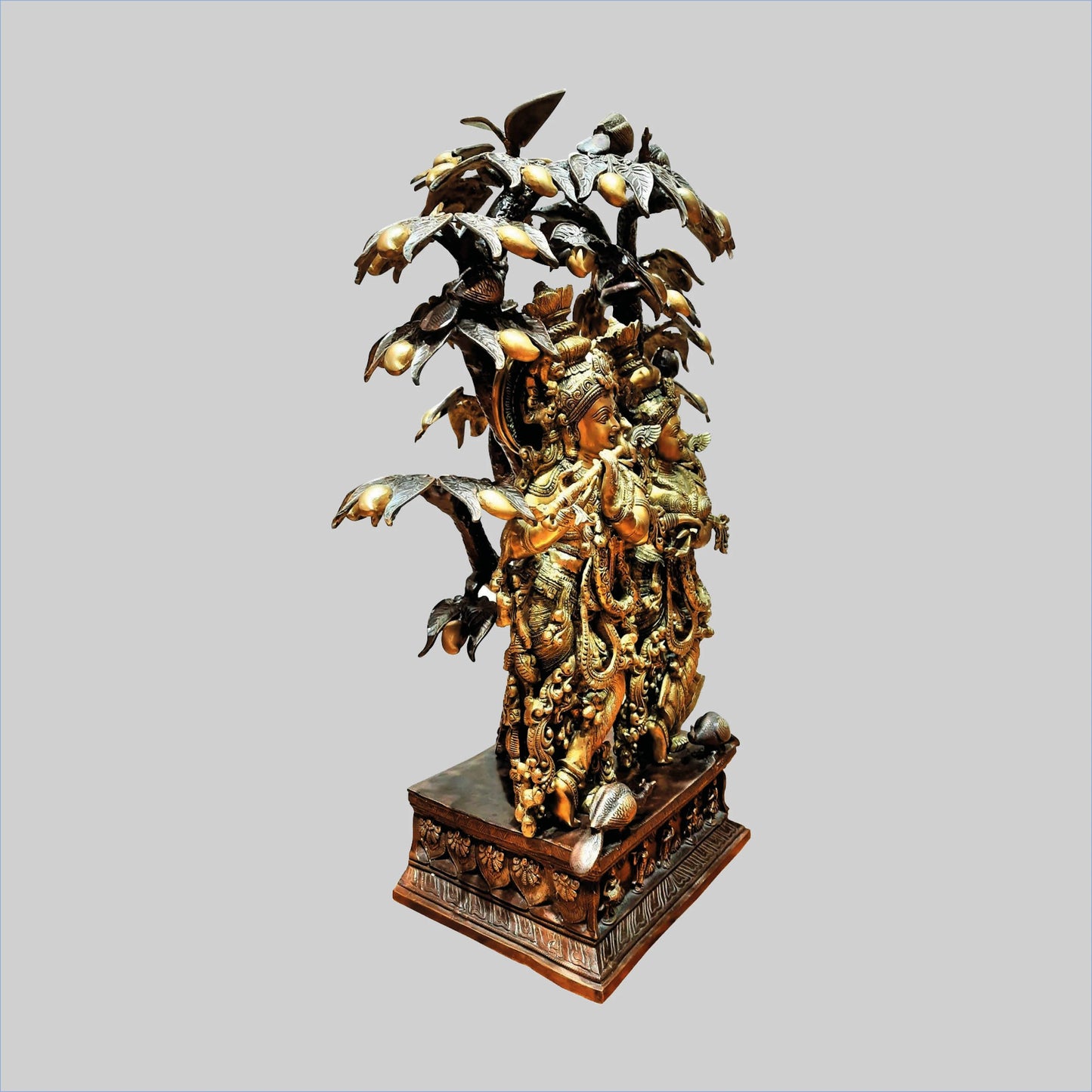 Brassaura® Radha Krishna Beneath Kalpavriksha Tree | Two-Tone Finish Brass Sculpture | Height 36 Inches & Weight 77 Kgs