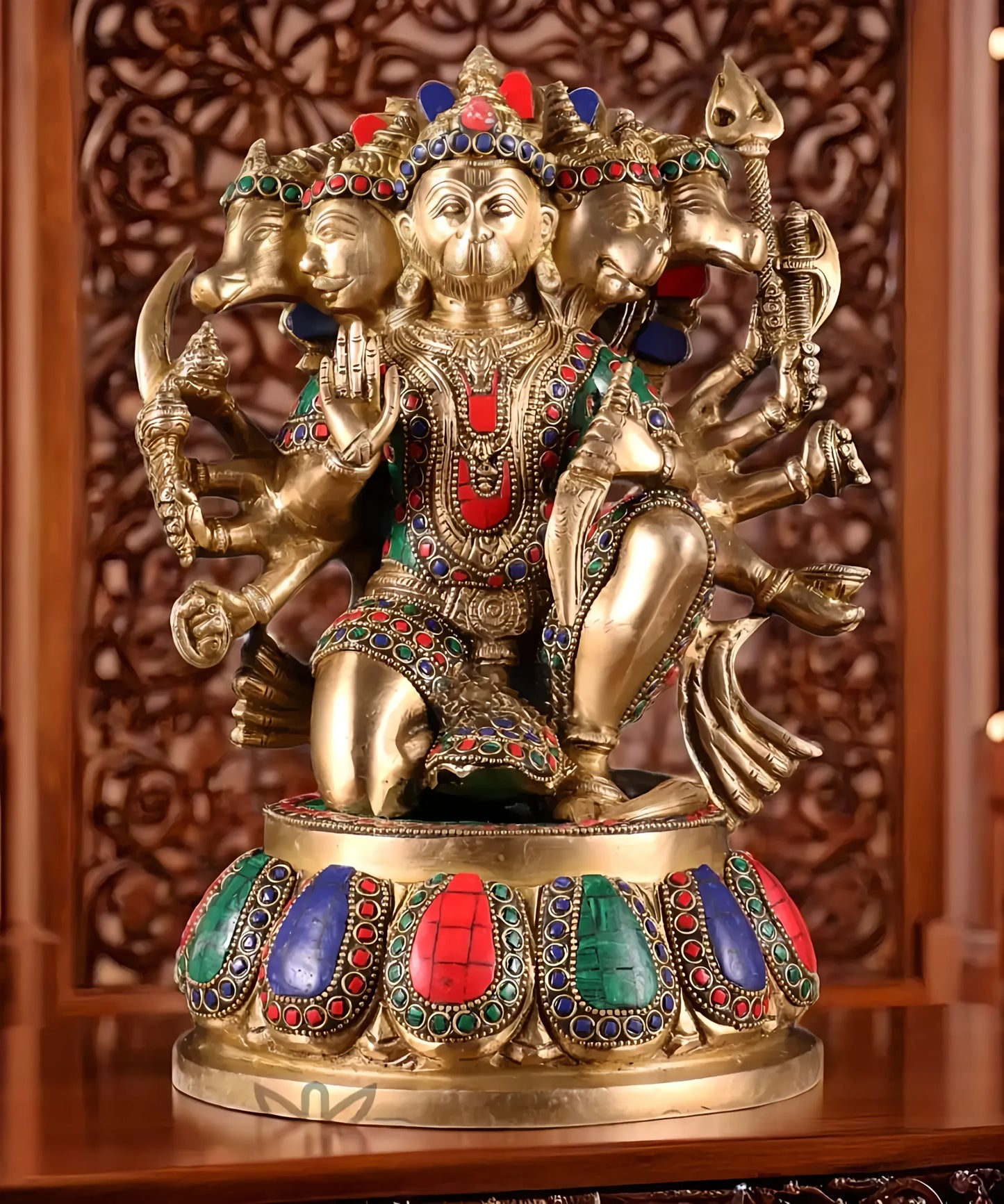 Brassaura™ Handcrafted Superfine Brass Panchmukhi Hanuman Idol – Height 13.5 Inches & Weight 9 Kgs | Meenakari Stonework