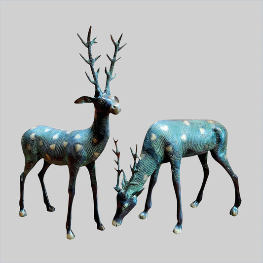 Brassaura® Pair of Decorative Deer Sculptures | Antique Blue-Green Brass Finish | Height 28 Inches & Weight 24 Kgs