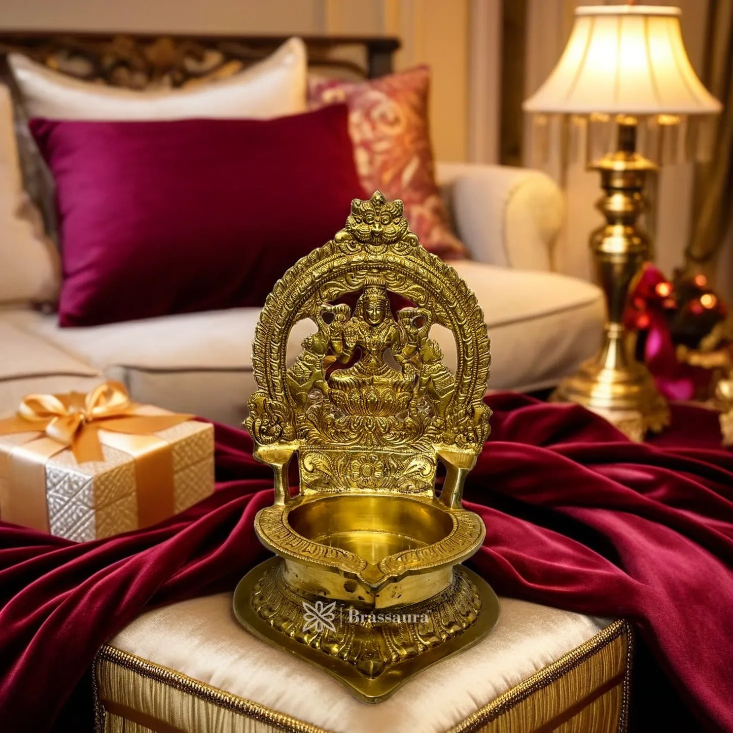 Brassaura™ Brass Diya with Stand – Height 11.8 Inches & Weight 4 Kgs | Home & Puja Décor