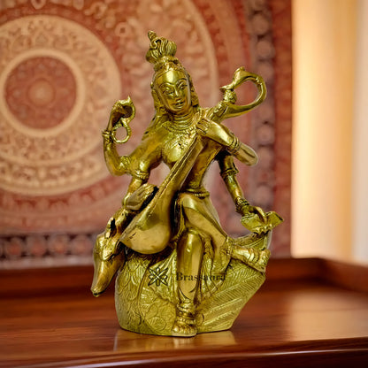 Brassaura™ Brass Saraswati Idol – Height 9.6 Inches & Weight 1.8 Kgs | Traditional Hindu Murti