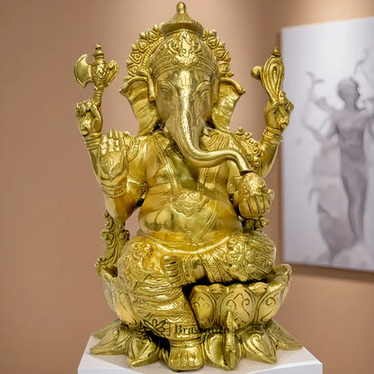 Brassaura™ Brass Lotus Ganesha Statue – Height 13.78 inches & Weight 6.3 kgs | Traditional Ganpati Murti for Home & Pooja Room