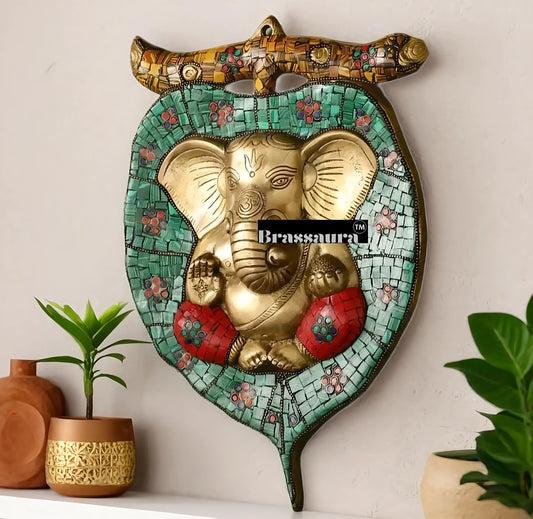 Brassaura™ Brass Ganesha on Leaf Wall Hanging – Height 13 Inches & Weight 3 Kgs