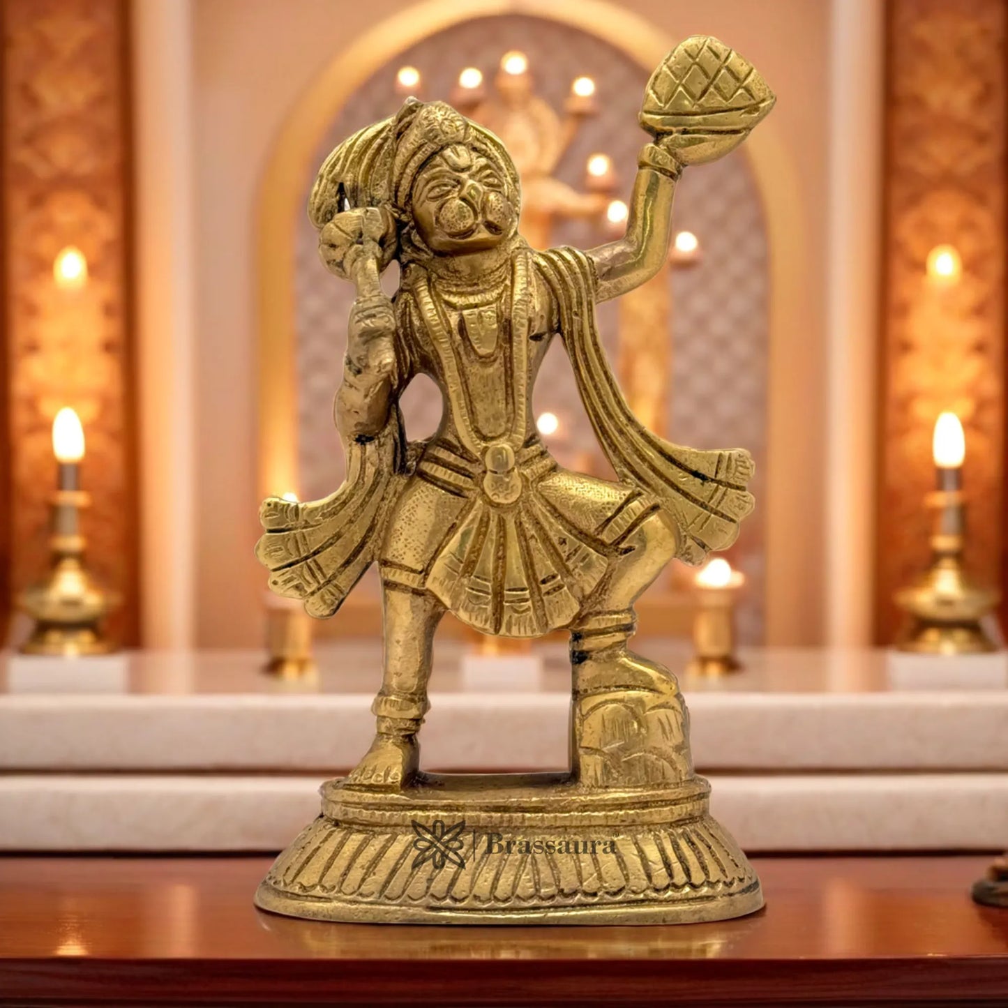 Brassaura™ Brass Hanuman Idol – Height 6.4 Inches & Weight 1.2 Kgs | Divine Gifting