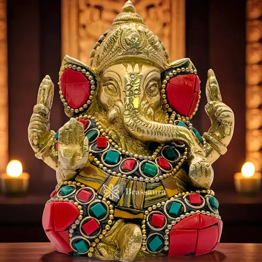 Brassaura™ Brass Gem Stone Work Ganesha Statue – Height 3.5 inches & Weight 0.65 kgs | Ganpati Murti for Home & Pooja Room