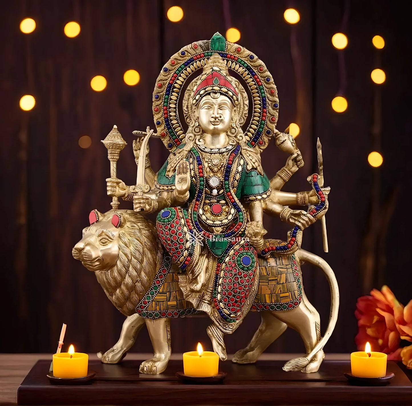 Brassaura™ 15-Inch Brass Durga Mata Idol – 10kg – Handcrafted Statue with Meenakari Stonework for Home Temple & Sacred Décor
