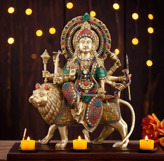 Brassaura™ 15-Inch Brass Durga Mata Idol – 10kg – Handcrafted Statue with Meenakari Stonework for Home Temple & Sacred Décor