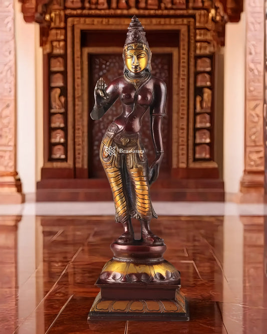 Brassaura™ Pure Brass Devi Parvati Uma Idol – 10 Inch Height, 2.5 Kg Weight – Vintage Chola Finish Standing Statue