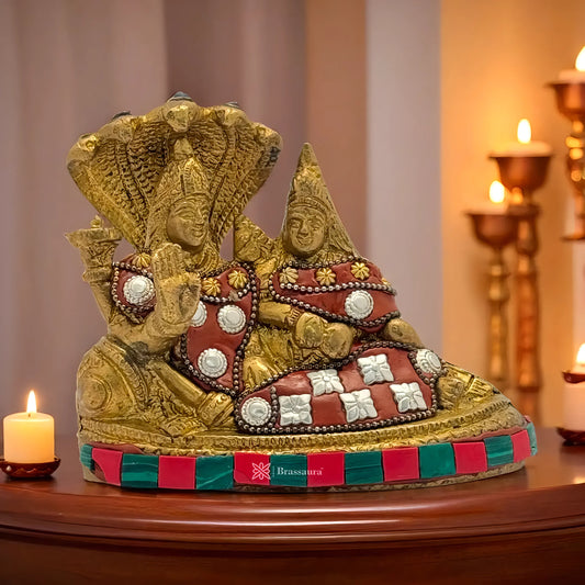 Brassaura™ Brass Gem Stone Work Vishnu Laxmi – Height 5.2 Inches & Weight 0.8 Kgs | Symbol of Blessings, Balance & Prosperity