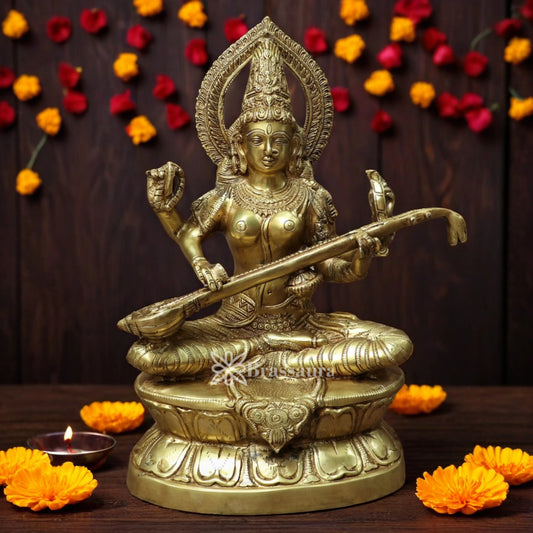 Brassaura™ Brass Saraswati Figurine – Height 18.2 Inches & Weight 11.2 Kgs | Temple & Home Idol