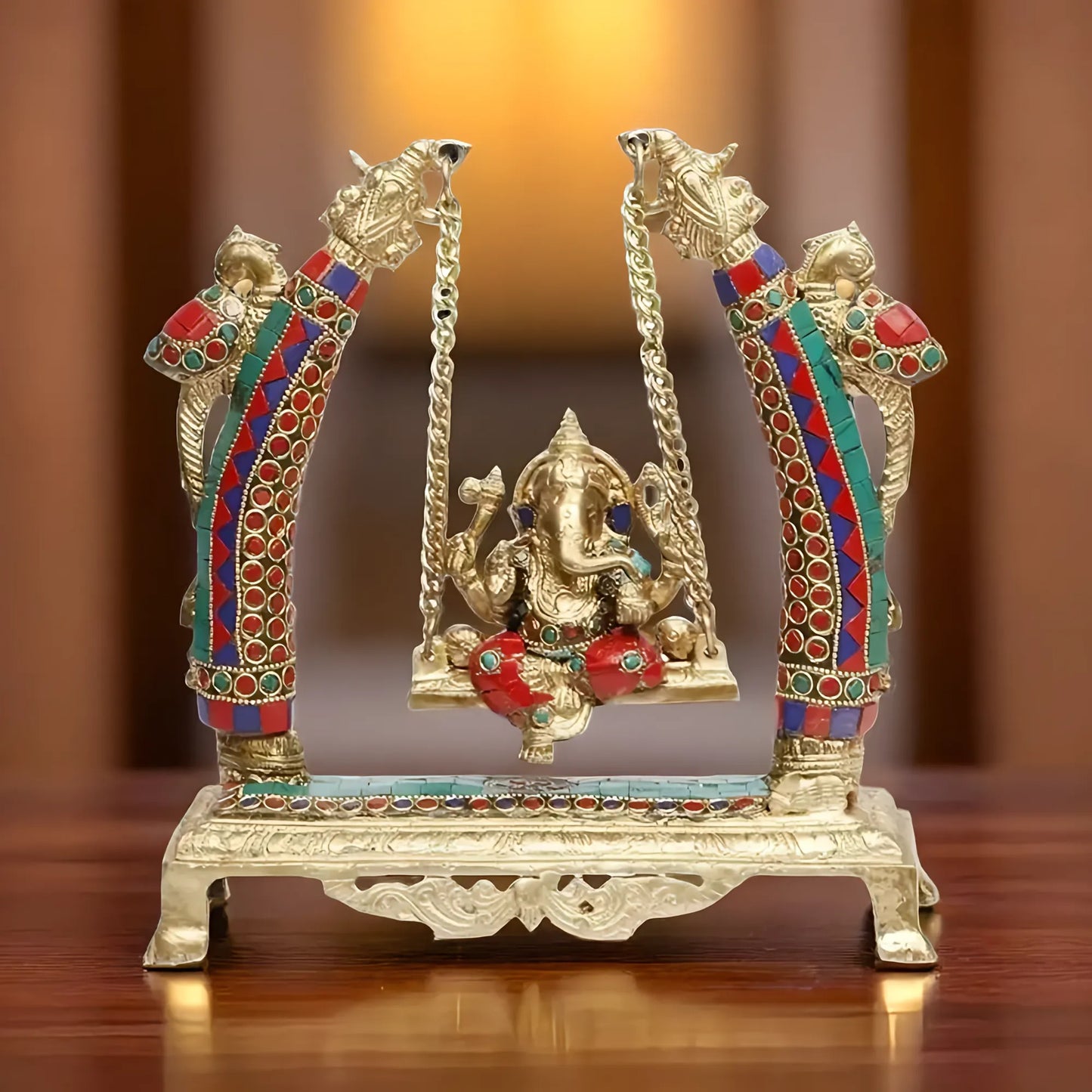Brassaura™ Gemstone-Embellished Brass Ganesha Jhula for Home & Temple Décor | Height 11 Inches & Weight 3.3 Kgs