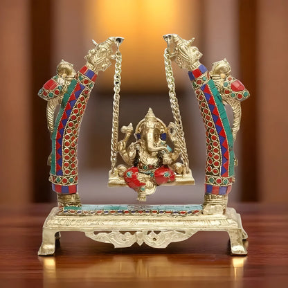 Brassaura™ Gemstone-Embellished Brass Ganesha Jhula for Home & Temple Décor | Height 11 Inches & Weight 3.3 Kgs